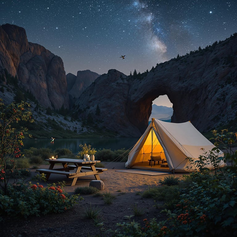 A cozy beige tarp shelter rests beneath a natural stone arch on a rainy night. Stars peek through the clouds, while a calm lake reflects the campsite and nearby ferns. A deer stands in the distance, and a hummingbird hovers near a bright flower.