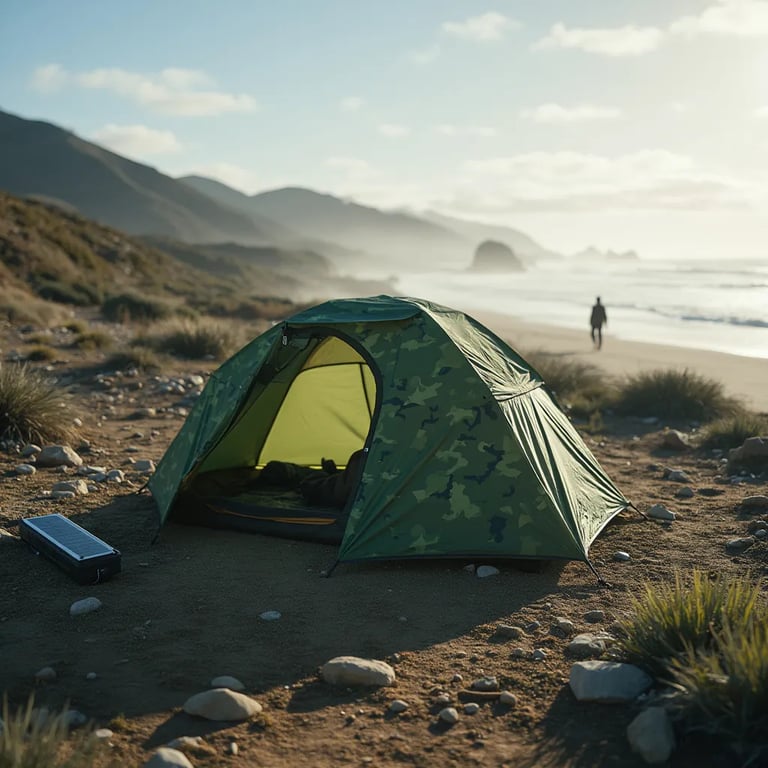 A green camo tent rests among smooth stones on the California coast. Rolling hills, misty air, and bright skies surround the peaceful campsite, while surfers ride the waves nearby. A small solar panel charges a battery pack beside the tent.