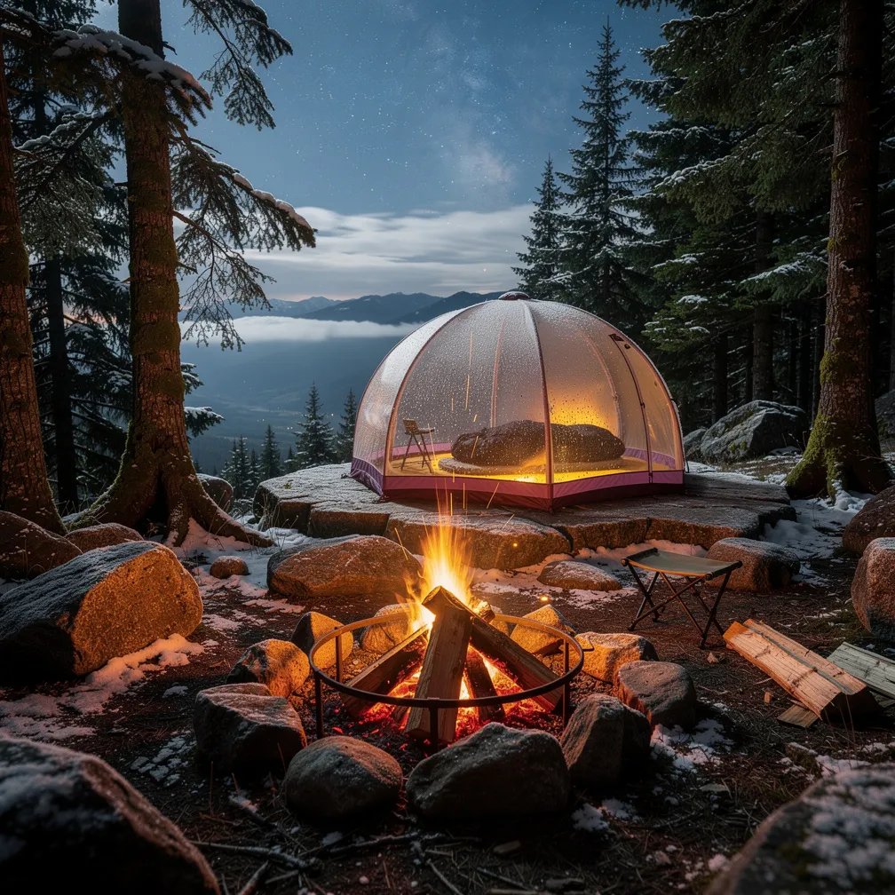 A cozy campfire glows on rocky ground, lighting up the mossy evergreen trees with warm, dancing light. Just beyond it sits a clear bubble tent with a soft, golden glow inside and a hint of frost on the outside. Above the quiet forest overlook, the night sky looks crisp and full of stars.