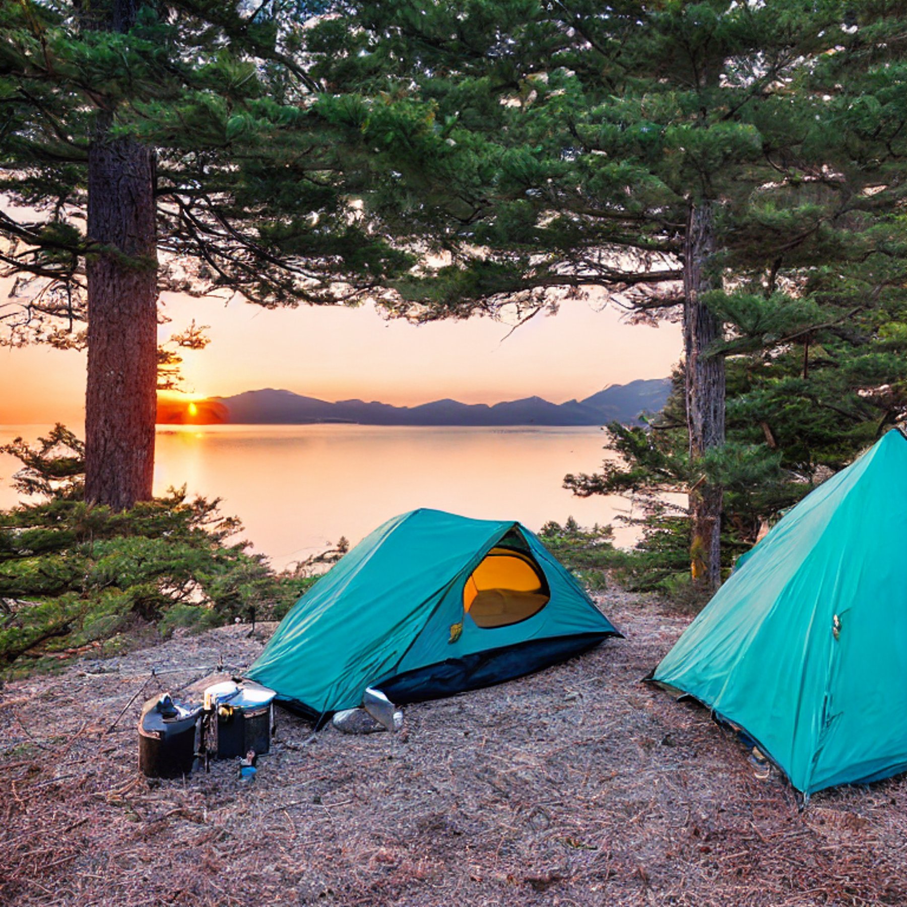 A teal tent rests on a quiet dirt clearing in Miyajima, Japan. A warm campfire and glowing lantern create a cozy mood as hikers enjoy the view. Tall mountains rise in the distance beneath a clear golden sky.