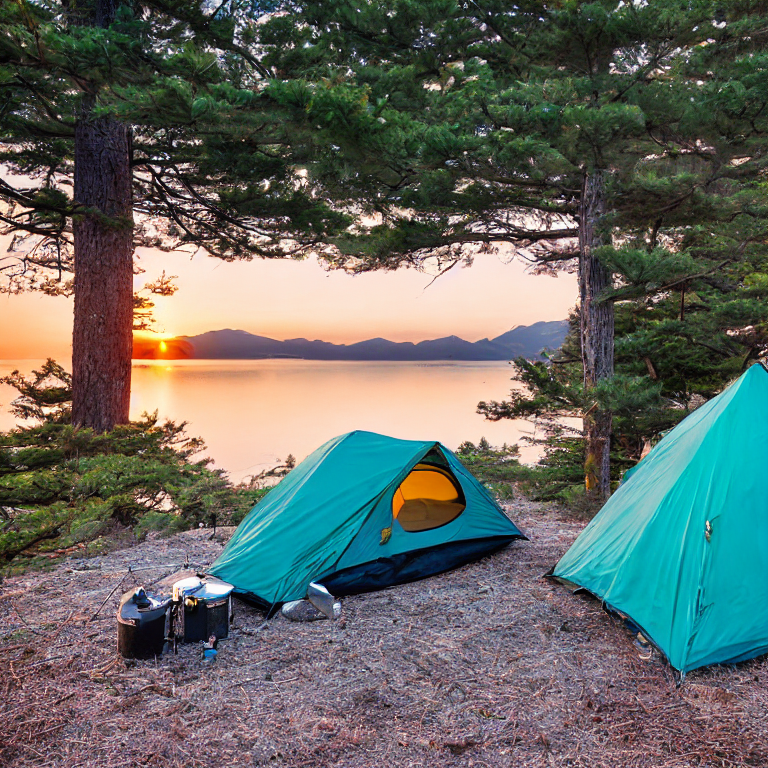 A teal tent rests on a quiet dirt clearing in Miyajima, Japan. A warm campfire and glowing lantern create a cozy mood as hikers enjoy the view. Tall mountains rise in the distance beneath a clear golden sky.