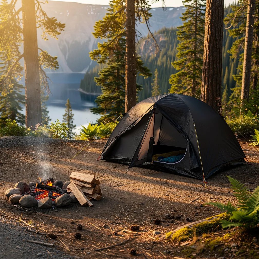 Warm late-summer sunlight slips through tall pine trees and makes the forest feel calm and golden. A small black tent sits on a smooth dirt pad, with pine needles and bright green ferns all around. In the middle, a fire ring holds glowing coals and stacked logs, ready for a cozy night. Through the trees, you can almost see a hint of deep blue lake water.