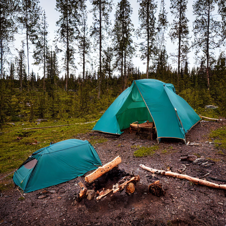 A teal tent rests on a snowy dirt campsite beneath bright northern lights. A wooden guitar and a large log sit near the warm campfire, creating a cozy night in the wild.