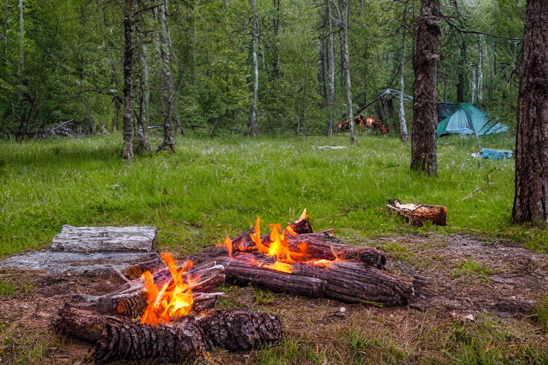 A forest-green tent rests on a snowy campsite in Plitvice Lakes National Park. A warm campfire glows beside a large log, while a wooden guitar and berry-covered bush add charm. Snowy mountains rise behind the peaceful forest.
