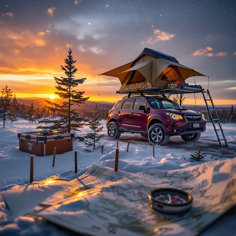 This snowy campsite sits under a glowing sunset, with a cozy tent on top of a red car. Tall pine trees surround the area, and you can see a map and compass ready for adventure. The sky is clear, perfect for stargazing at night.