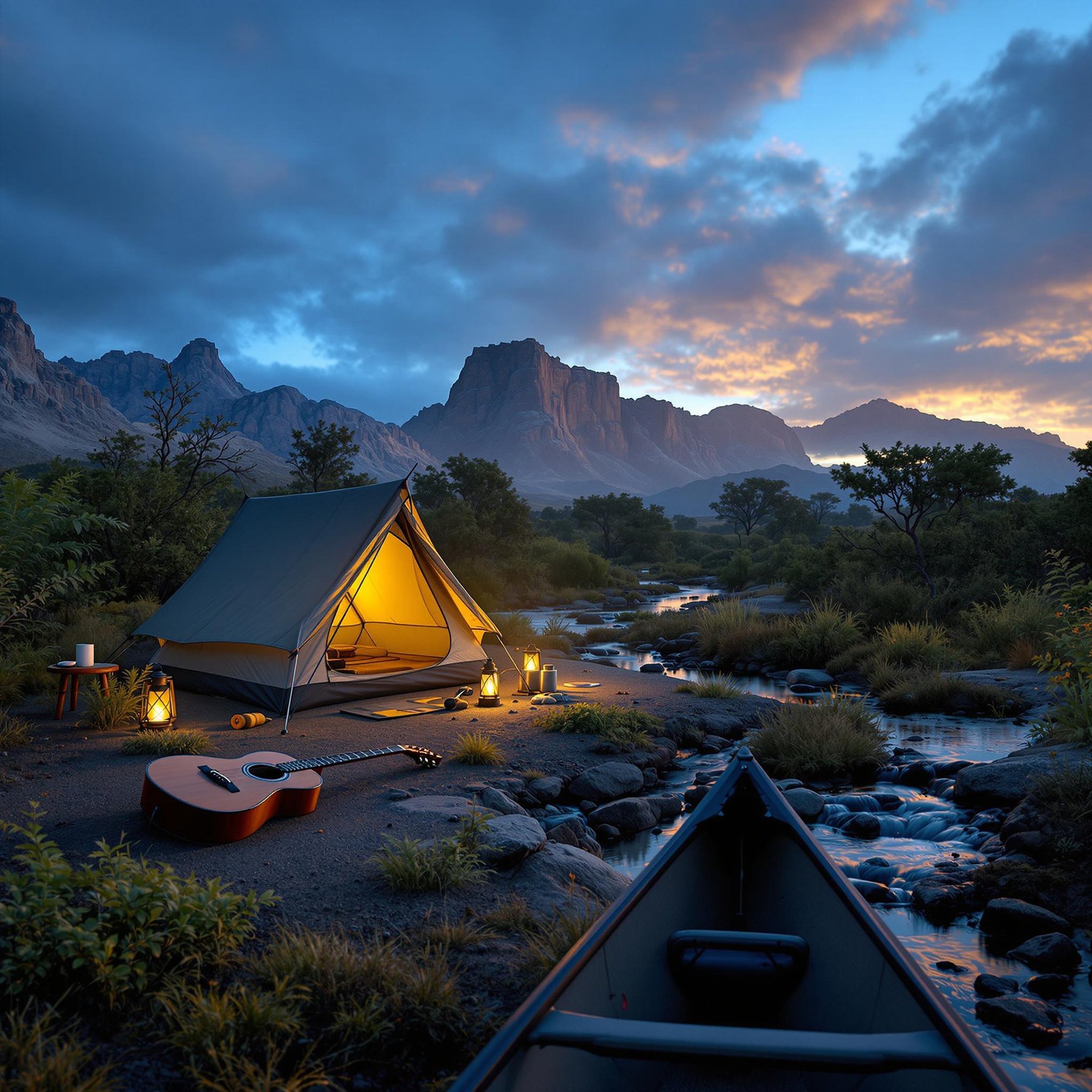 This cozy campsite sits by a sparkling creek with tall mountains in the background. A glowing tent and lanterns make it feel warm and inviting. A guitar and canoe promise fun and adventure under the open sky.