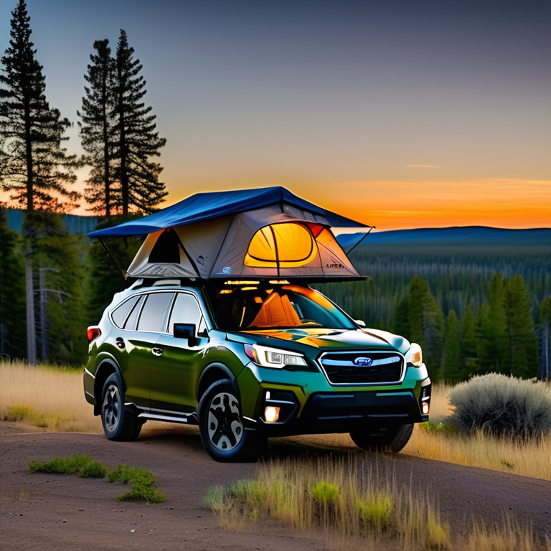A green Subaru with a cozy rooftop tent rests at a quiet Colorado campsite. Rolling hills, small trees, and tall grass surround the gravel-covered ground beneath a clear, starry sky.