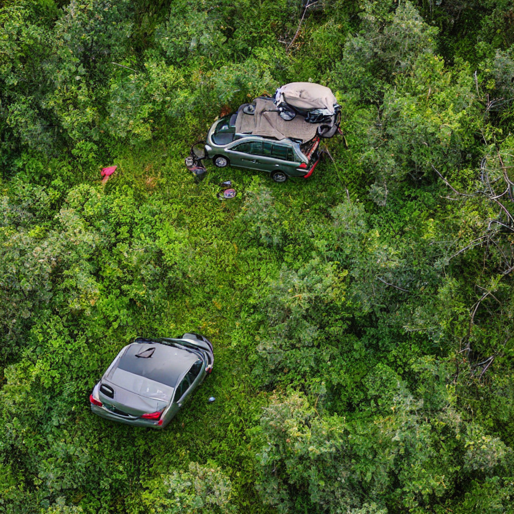 A green camo Subaru rests at a quiet campsite on Minnesota’s North Shore. Its rooftop tent is open beside a dirt patch, camping gear, berry bushes, and small trees. Soft fog and sunset light create a calm, cozy mood.