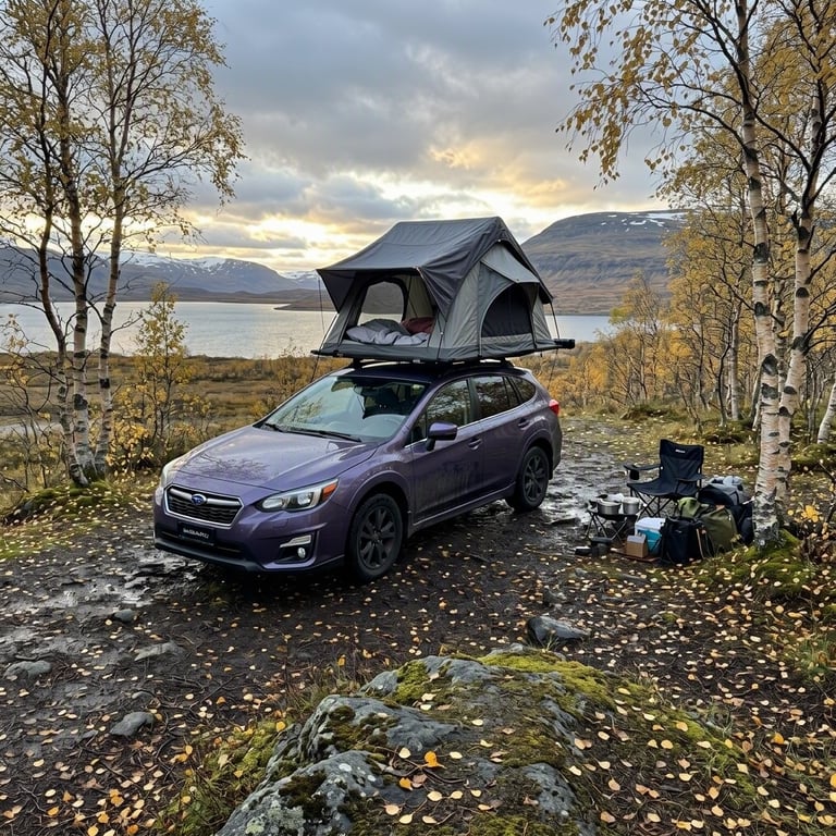 A purple Subaru rests beneath leafy birch trees, with its rooftop tent open for the night. Damp ground and fallen leaves make this quiet Icelandic campsite feel cozy and wild. Soft evening light filters through the clouds.