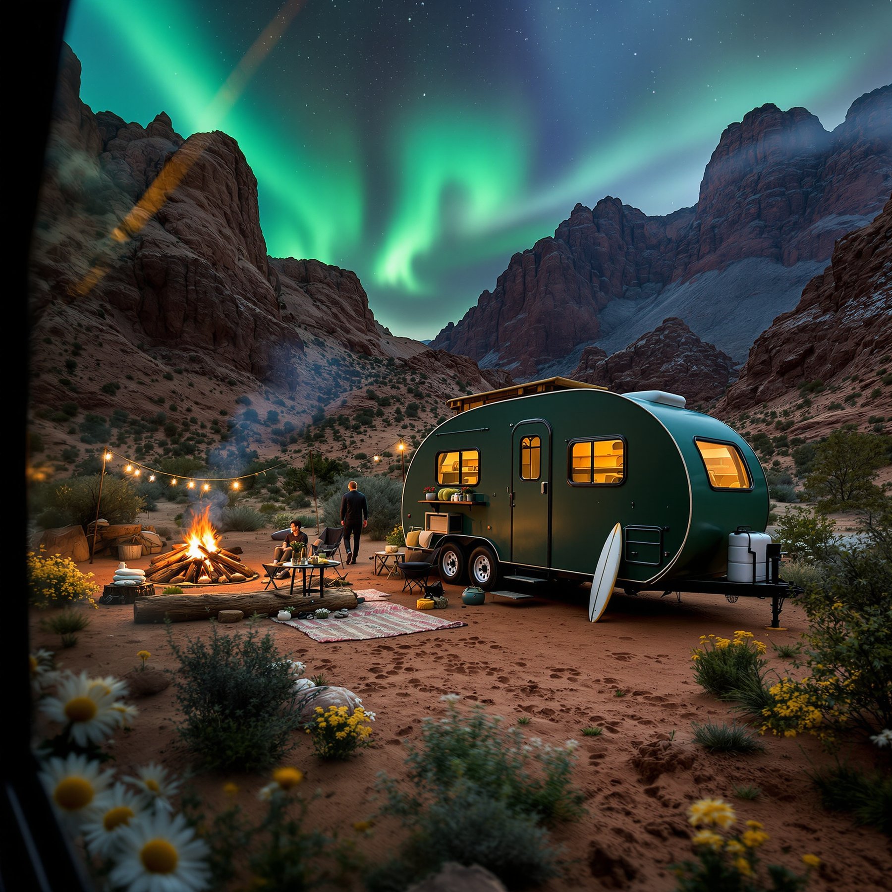 This cozy camper sits in a red rock canyon, surrounded by wildflowers and glowing under bright green northern lights. A warm campfire crackles nearby, perfect for sharing stories under the stars. It’s a magical spot for adventure and fun!