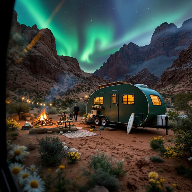 This cozy camper sits in a red rock canyon, surrounded by wildflowers and glowing under bright green northern lights. A warm campfire crackles nearby, perfect for sharing stories under the stars. It’s a magical spot for adventure and fun!
