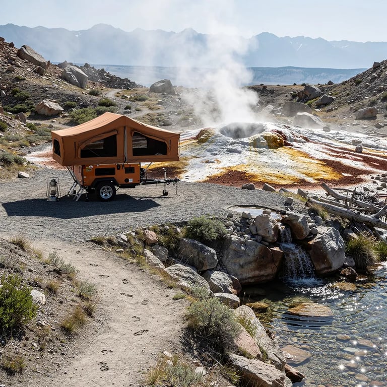 A burnt-orange camper sits in a rocky basin where a geyser sends warm steam into the air. A narrow dirt path winds past a tiny waterfall and a clear stream that sparkles in the bright sun. The ground is painted with strange mineral colors, and the whole place feels wild, hot, and quiet.