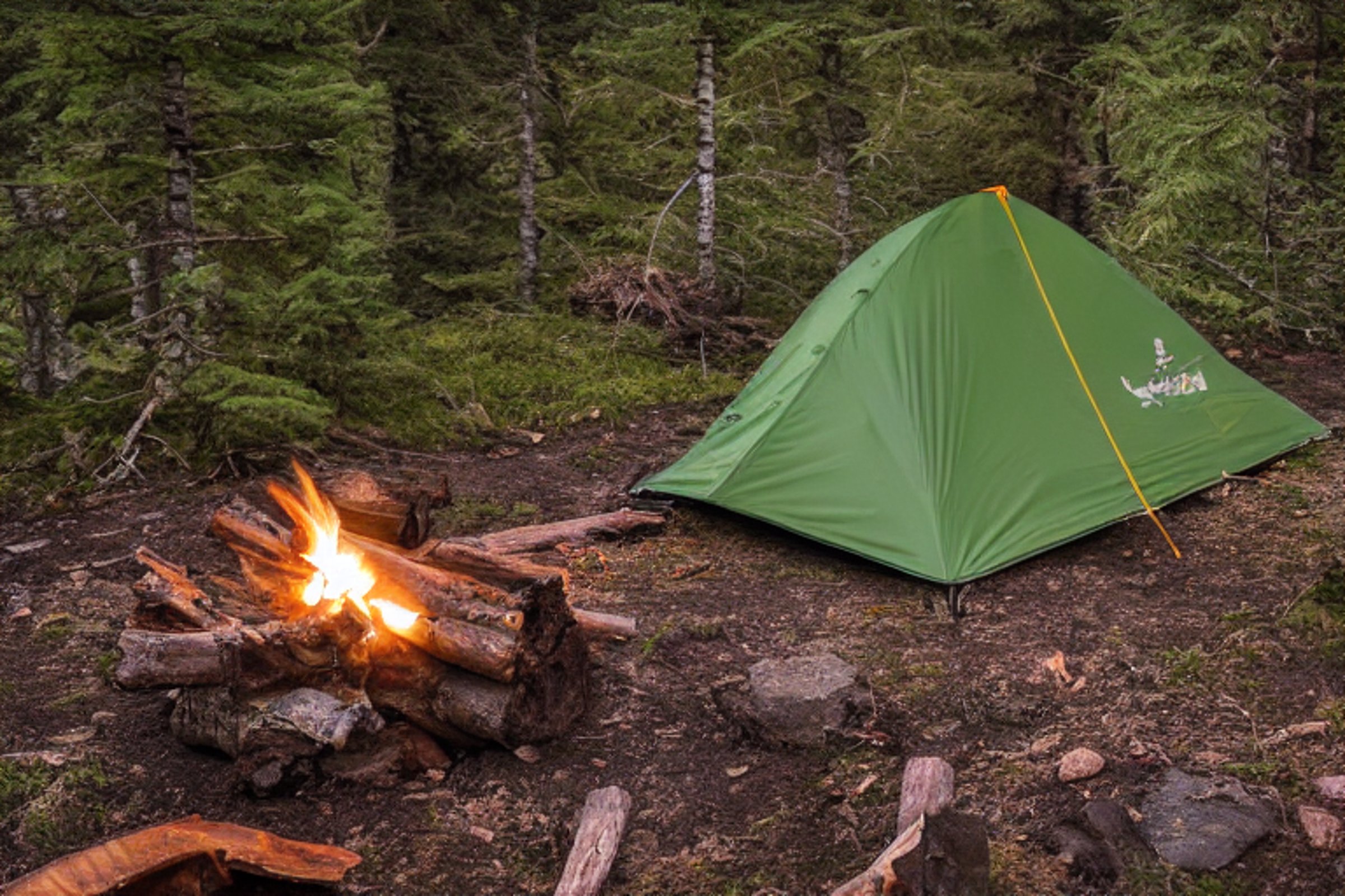 A green two-person tent rests on a quiet dirt clearing in a misty Norwegian forest. Bushes, stone slabs, and a large log surround a warm campfire glowing in the night.