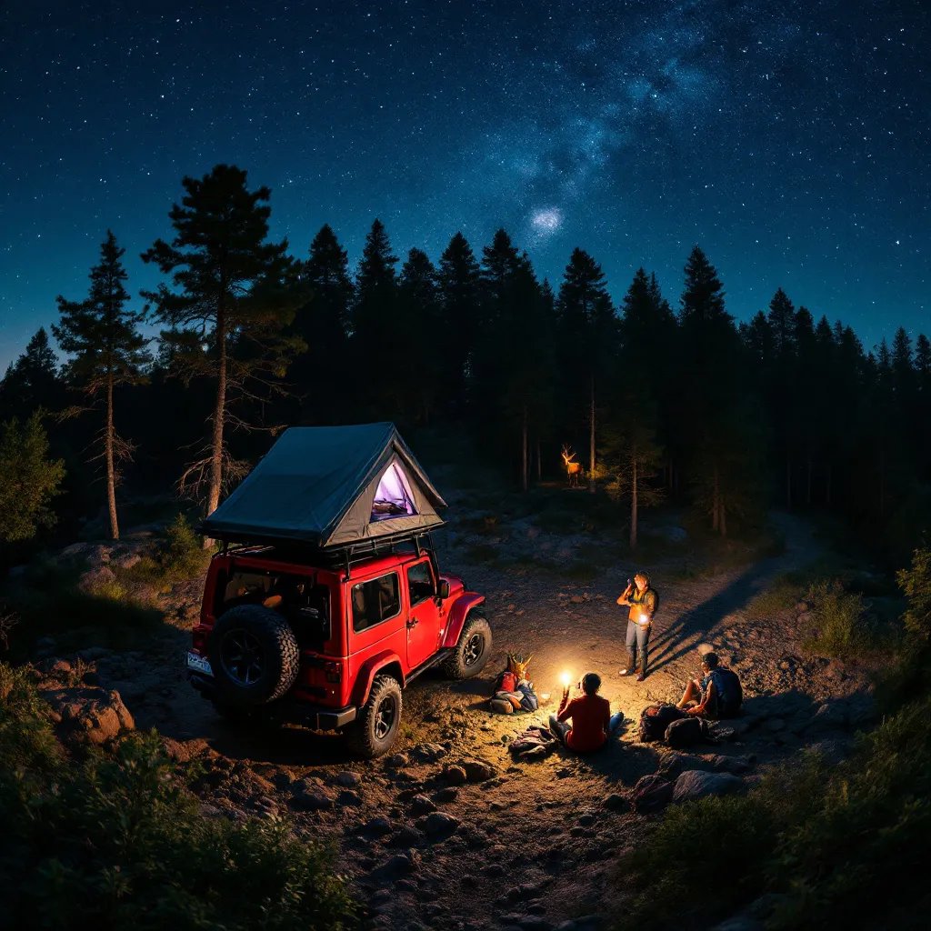 A red Jeep with its rooftop tent open rests in a quiet grove beneath a sky full of stars. Rocky ground surrounds the campsite, with a backpack nearby. In the distance, a deer and a person’s flashlight add a touch of mystery.