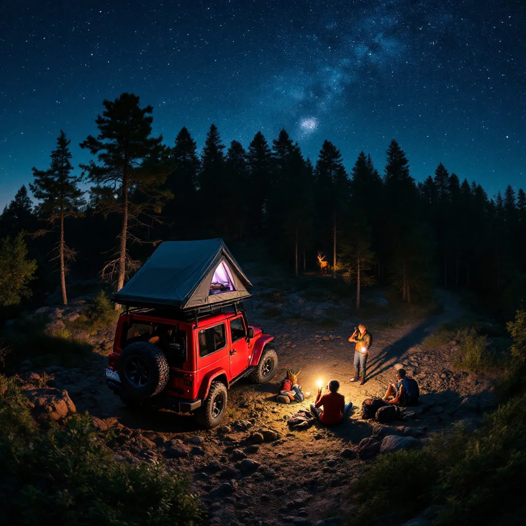 A red Jeep with its rooftop tent open rests in a quiet grove beneath a sky full of stars. Rocky ground surrounds the campsite, with a backpack nearby. In the distance, a deer and a person’s flashlight add a touch of mystery.