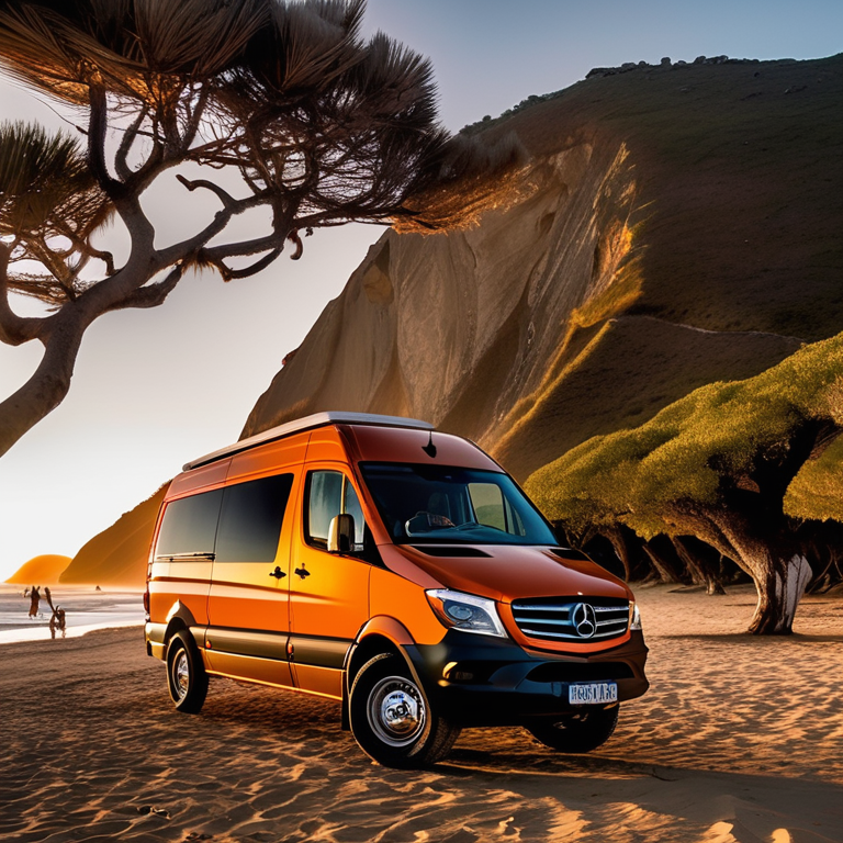 An orange camper van rests beside a cozy campfire on a snowy beach at dusk. Tall trees and smooth boulders frame the shore, while surfers move across the chilly ocean waves.