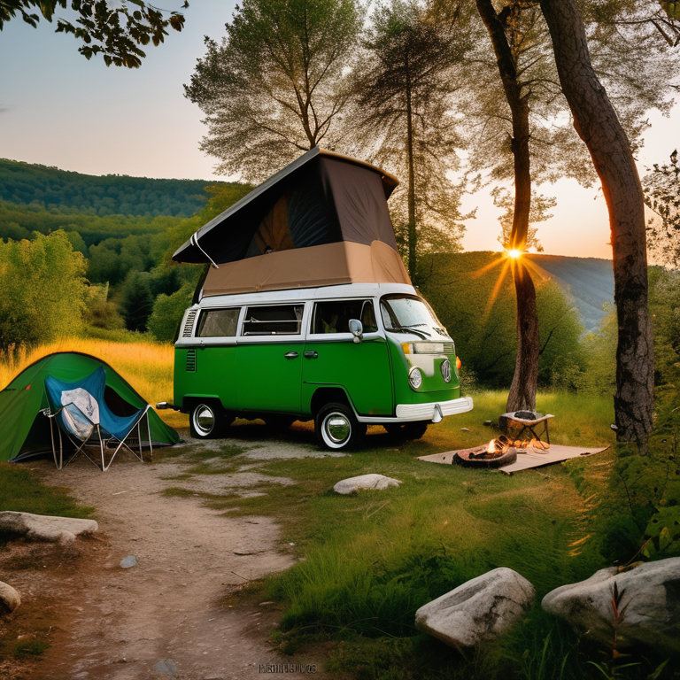 A green and tan camper van rests beside a warm campfire in a sunny forest clearing. Boulders, tall trees, and a hammock create a peaceful campsite near a winding hiking path.