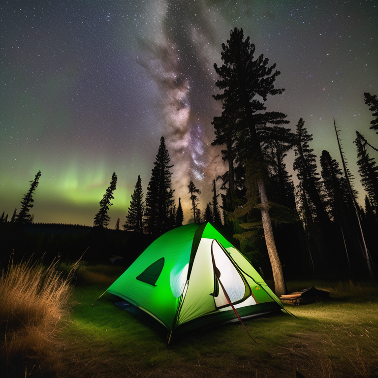 A green tent rests beside a paved campsite under a clear Montana sky. Tall trees and grass surround the camp, while bright northern lights glow overhead. Hikers gather near a warm campfire and a large wooden log.