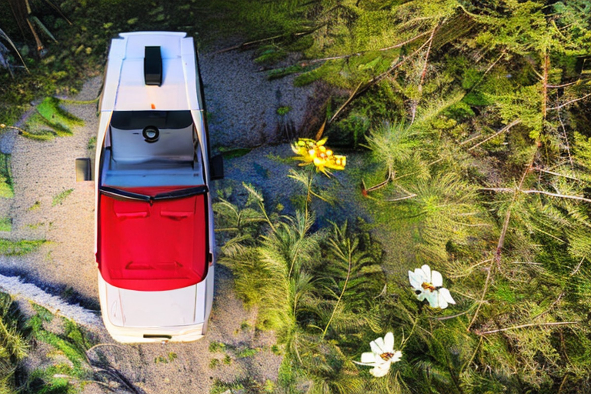 A red-and-white camper van rests in a quiet forest campsite at sunset. Ferns, wildflowers, and gravel patches surround the dirt clearing, while a small lantern adds a cozy glow.