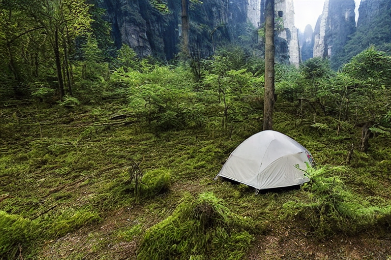A green tent rests on a quiet dirt campsite beneath a sky full of stars. Moss-covered trees, large boulders, and camping chairs surround the spot, while tall mountains rise in the distance.