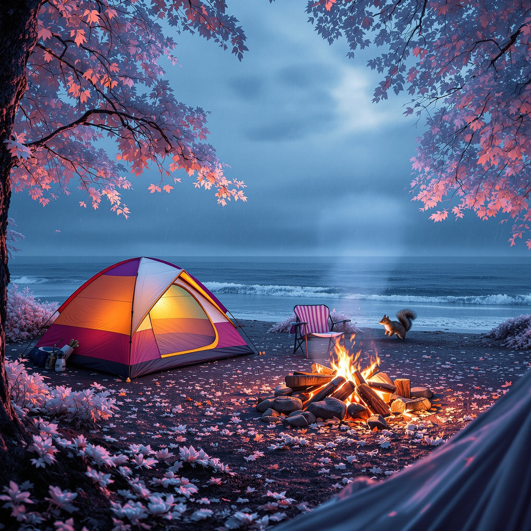 A cozy tent glows under pretty pink trees by the calm ocean. A warm campfire crackles and a curious squirrel explores nearby. This peaceful campsite is perfect for relaxing and enjoying nature.