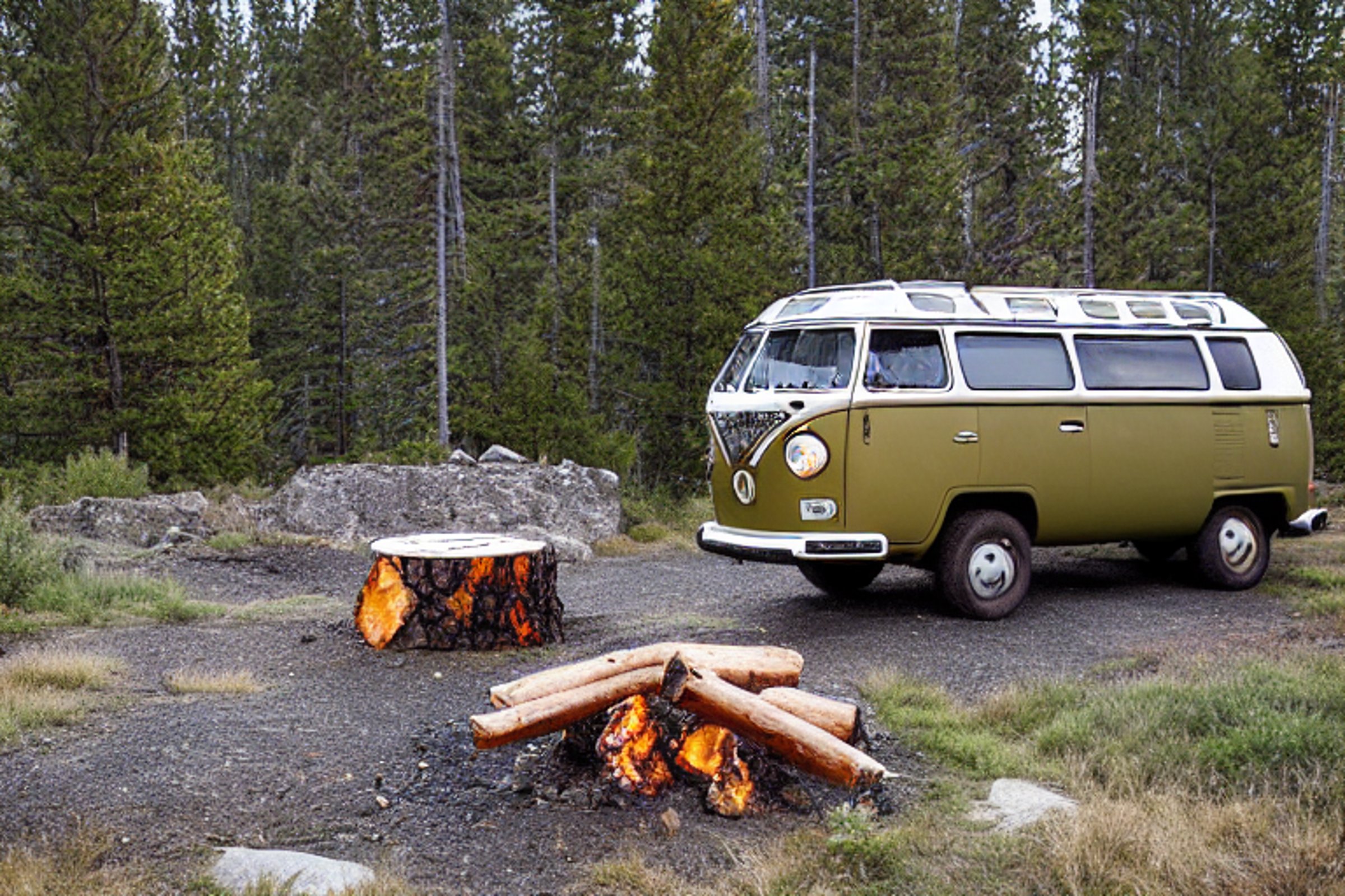 A green and tan camper van rests at a quiet campsite beneath a starry night sky. Mountains rise in the distance, while a warm campfire glows among stone-ringed logs beside a muddy patch.