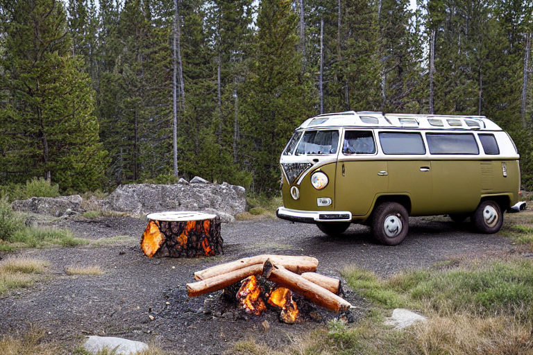 A green and tan camper van rests at a quiet campsite beneath a starry night sky. Mountains rise in the distance, while a warm campfire glows among stone-ringed logs beside a muddy patch.
