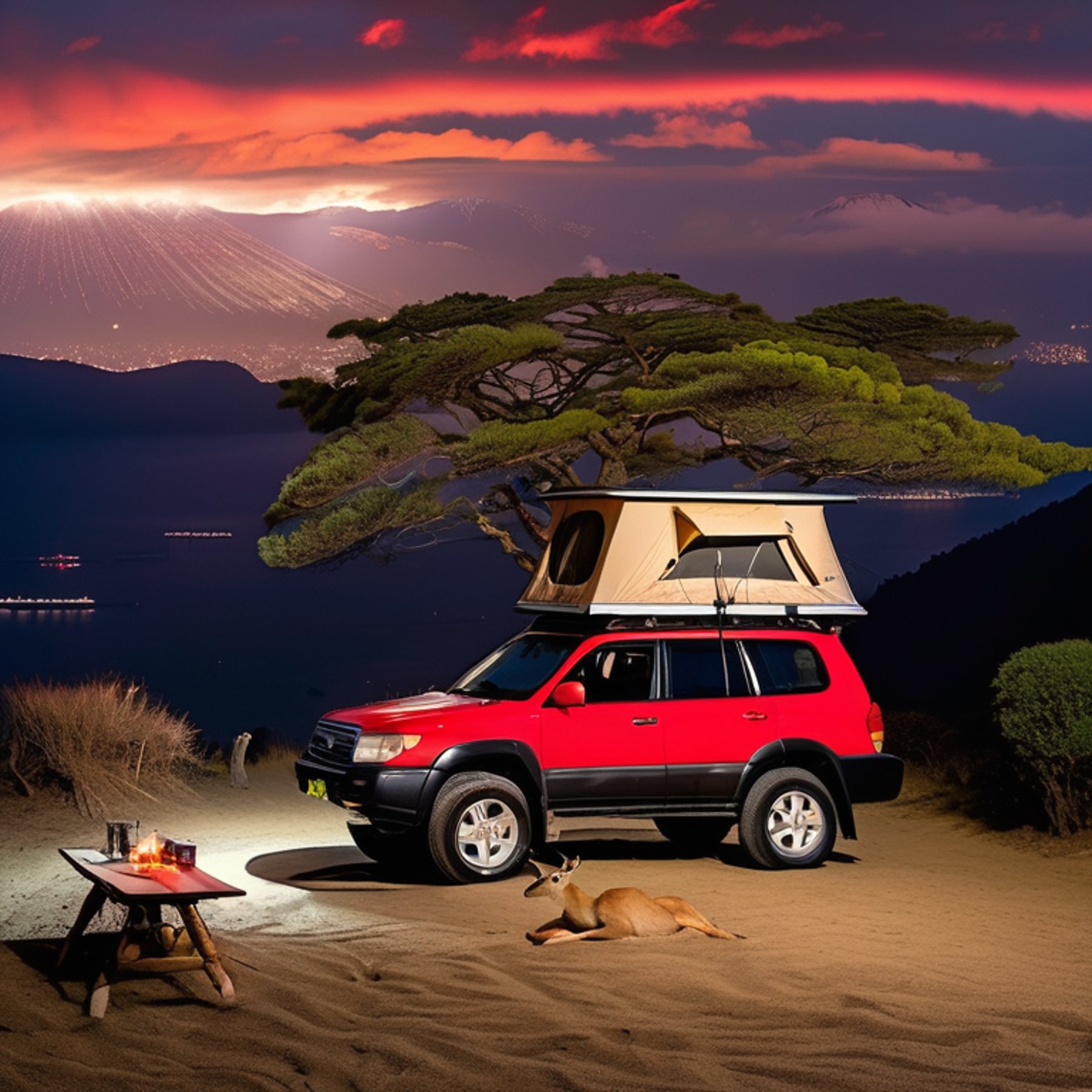 A red Subaru with its rooftop tent open rests on a rough dirt campsite in cloudy Miyajima. Bushes with bright berries frame the scene, while a deer wanders in the distance and surfers enjoy the nearby coast.