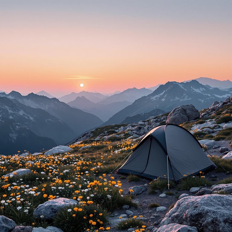 A dark gray tent rests in a rocky wildflower field as the sun rises. A squirrel races across the campsite, while a pale moon hangs in the clear sky. Seen from above, the mountain view feels wild and peaceful.