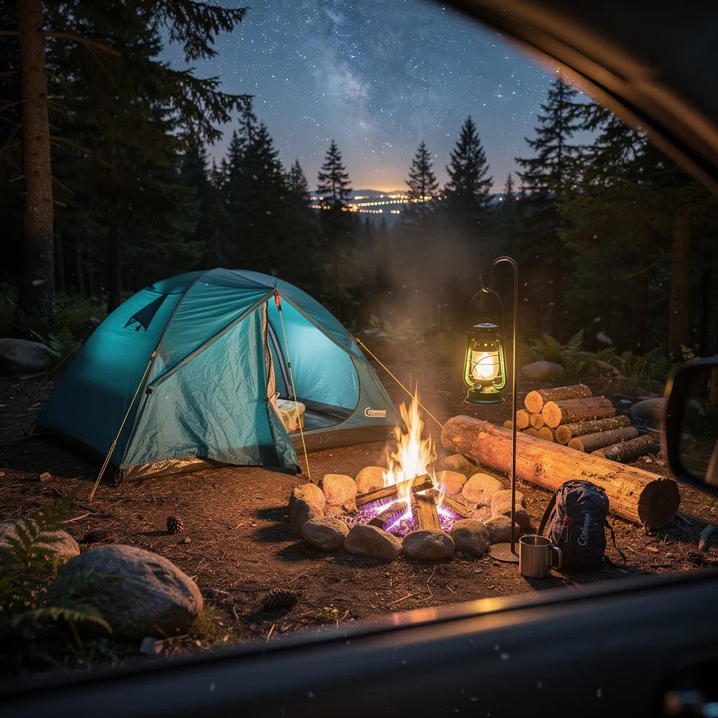 A teal tent sits in a quiet Washington forest, glowing softly beside a crackling campfire. A vintage lantern hangs nearby and lights up the gear and stacked logs. The night air looks a little smoky and calm, with a faint glow far on the horizon.