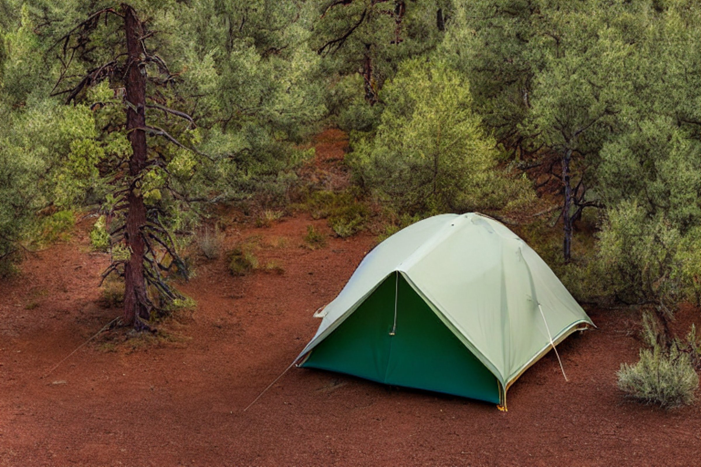 A green tent rests beside a warm campfire in a quiet Monument Valley campsite. Tall trees, stone slabs, and berry bushes surround the dirt clearing, with a picnic table nearby.