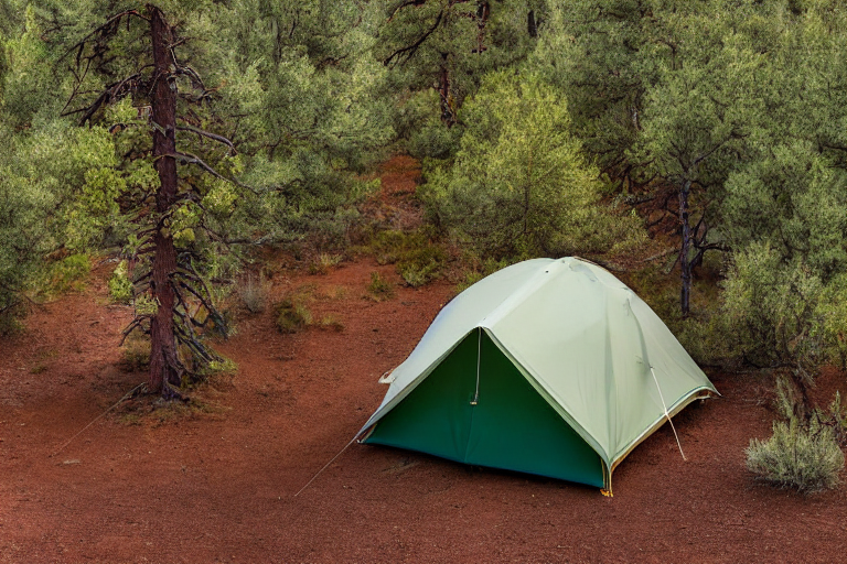 A green tent rests beside a warm campfire in a quiet Monument Valley campsite. Tall trees, stone slabs, and berry bushes surround the dirt clearing, with a picnic table nearby.