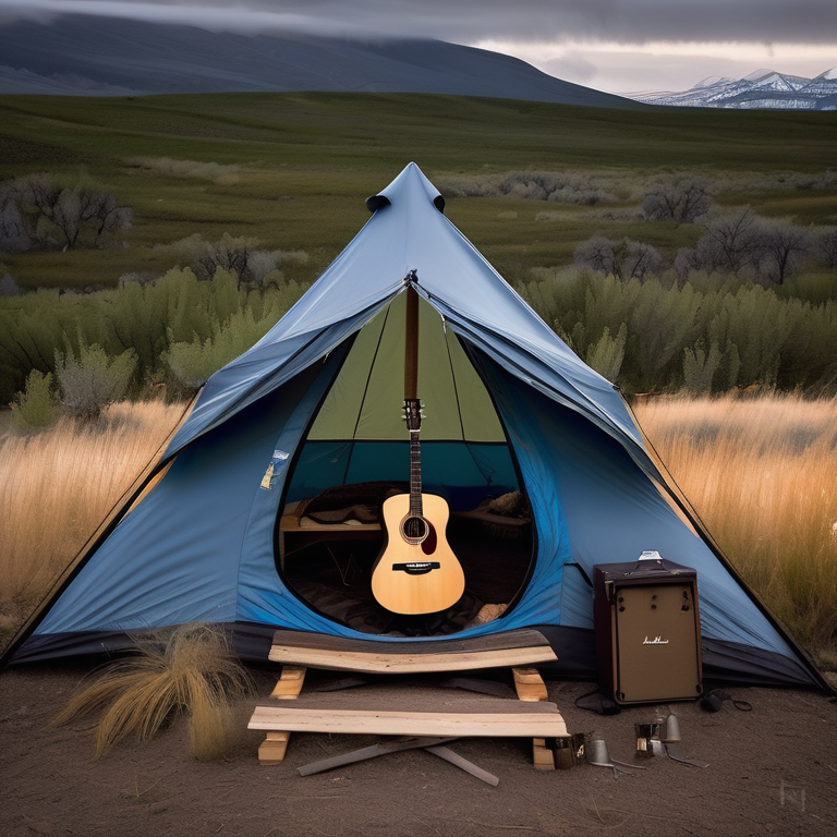 A blue and gray tent rests on a quiet dirt campsite in snowy Montana. Bushes, ferns, and rolling hills surround the camp, while a wooden guitar lies nearby. The cold night feels peaceful and wild.
