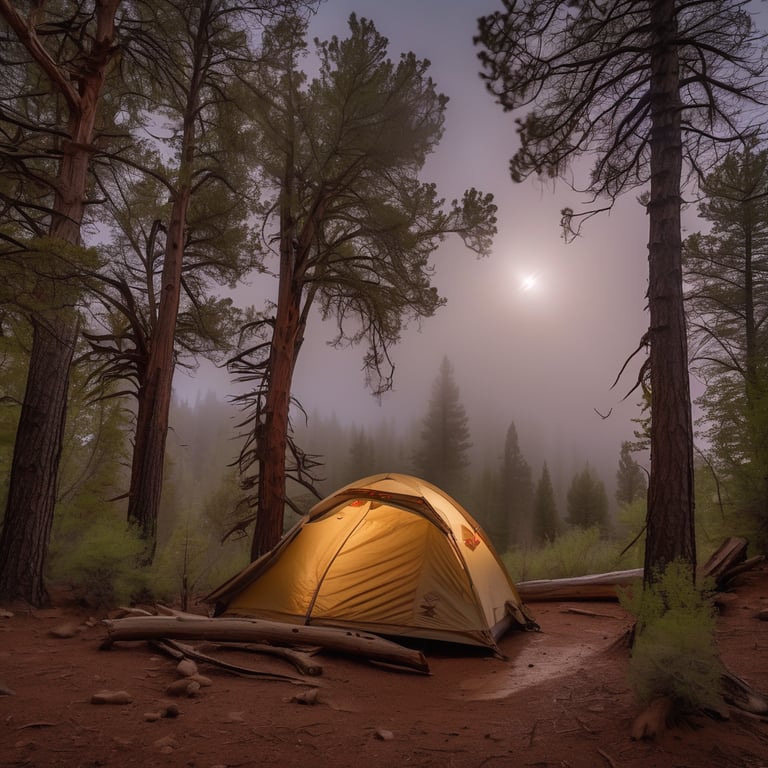 A cozy brown tent rests among ferns and red rock in Capitol Reef National Park. A wooden campsite sign and an axe stuck in a stump add rustic charm, while soft fog drifts through the trees.