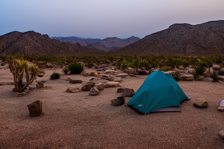 A teal tent glows softly in a quiet dirt clearing at night. Large rocks and desert bushes surround the camp, while misty mountains rise in the background.