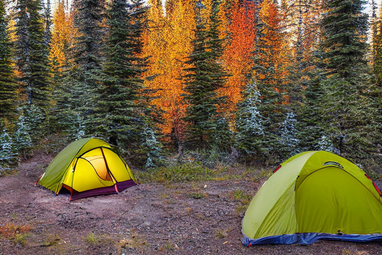 A blue tent rests in a quiet Alaskan wilderness camp, surrounded by bushes and colorful fall trees. Snow falls softly as a warm campfire glows beside stacked logs and camping gear.