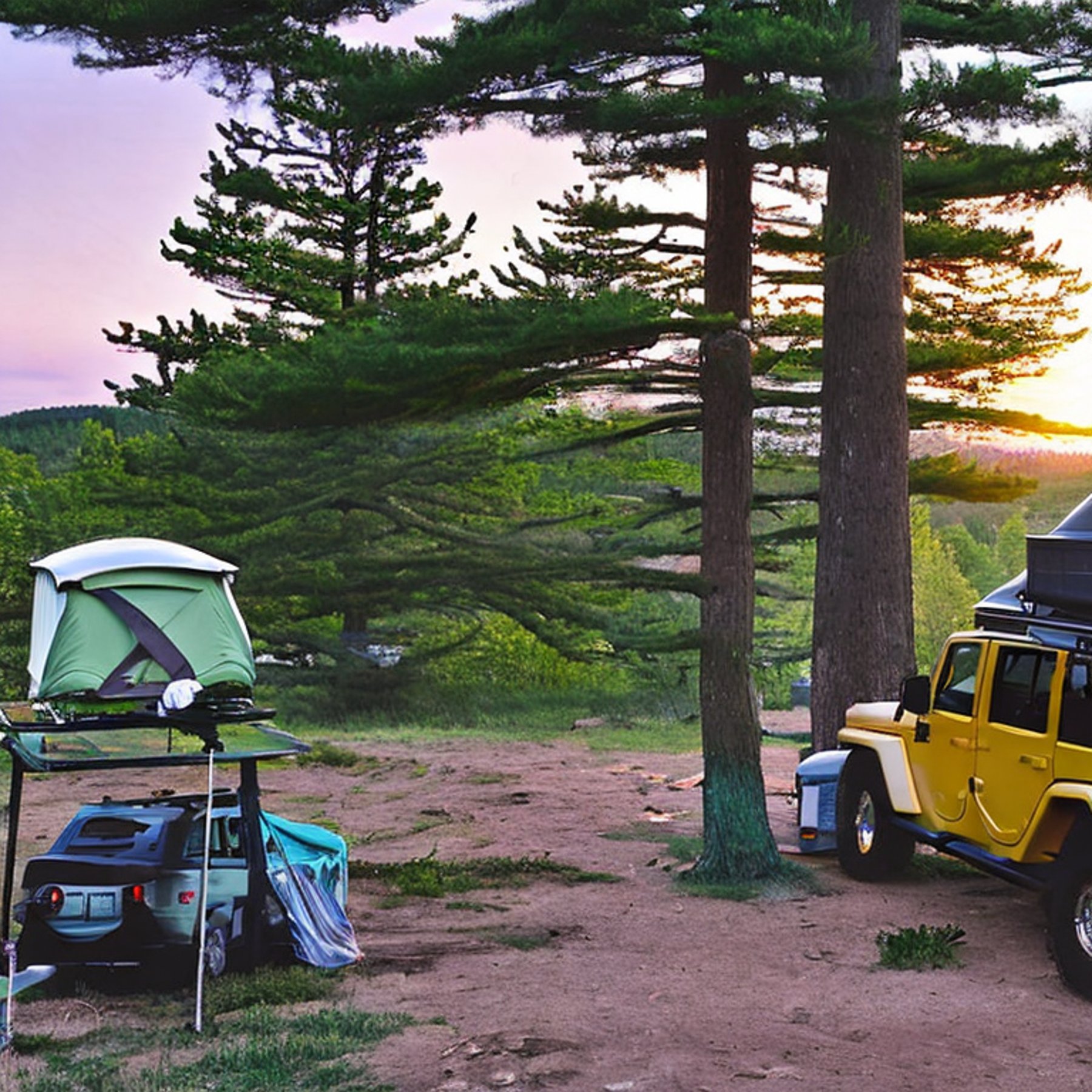 A green Jeep with a rooftop tent rests in a quiet dirt campsite in Acadia National Park. A hammock hangs between the trees, with camping chairs and a backpack nearby. Soft evening light fills the peaceful forest clearing.