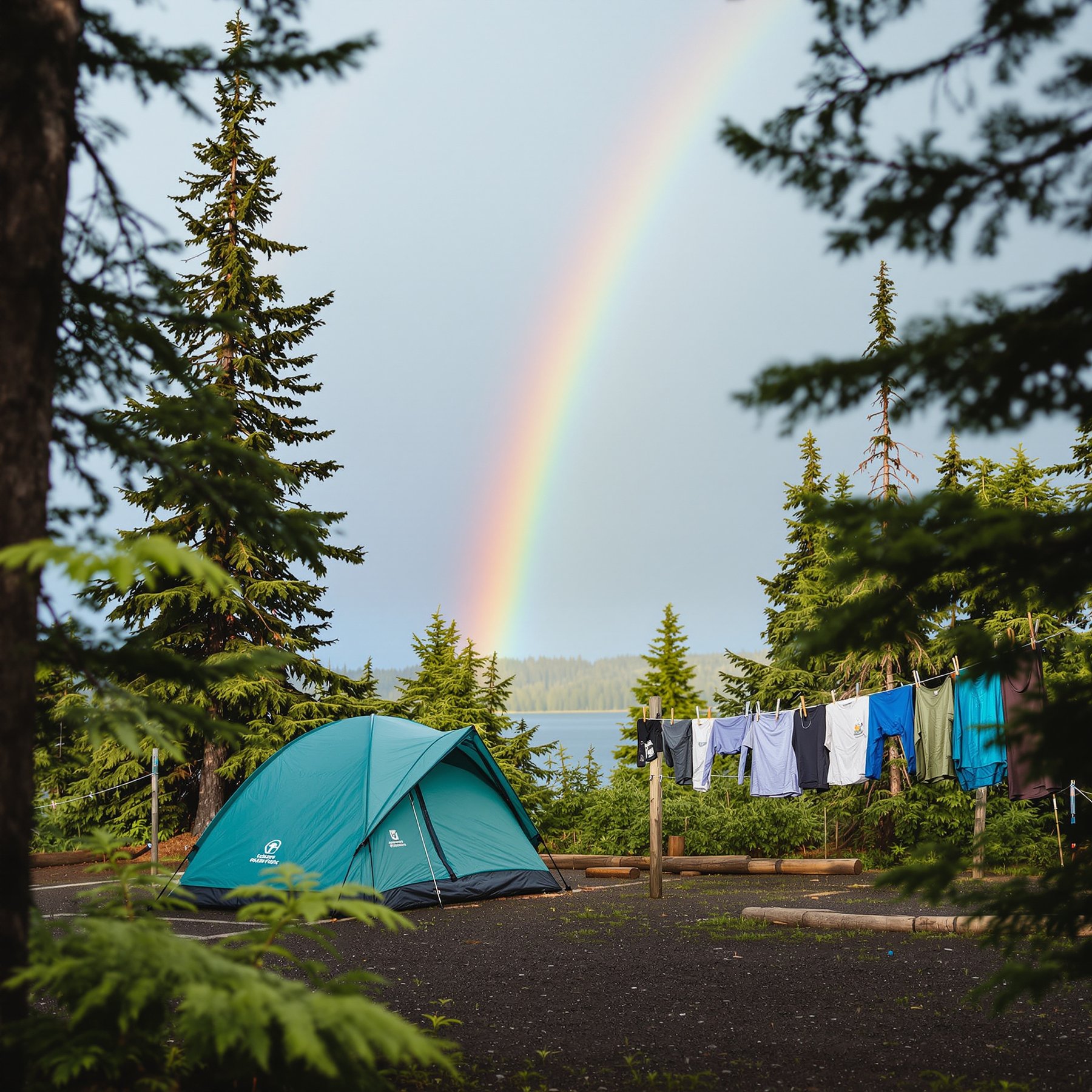 A bright blue tent sits among tall pine trees, with a colorful rainbow shining in the sky. Clothes hang on a line, and you can see a sparkling lake in the background. This peaceful campsite feels magical and cozy.