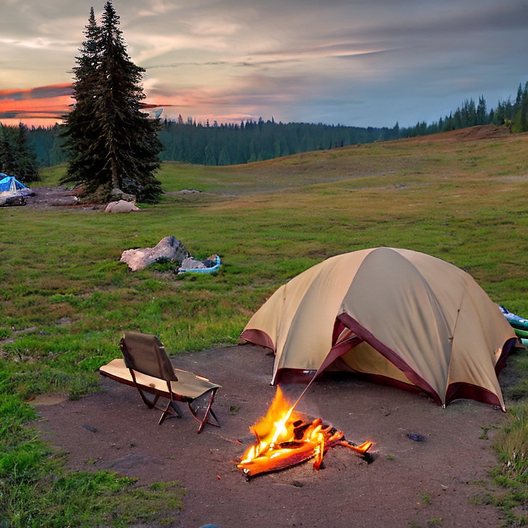 A cozy brown tent rests on a dirt campsite in Washington State as the sun sets behind cloudy skies. A winding hiking path, camping chairs, stone patches, and a large log beside the campfire create a peaceful outdoor retreat.