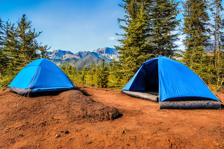 A blue and gray tent rests on a quiet dirt campsite near a warm hot spring. A winding trail and a large log sit beside the campfire area. Sunset light fills the clear sky with a peaceful glow.