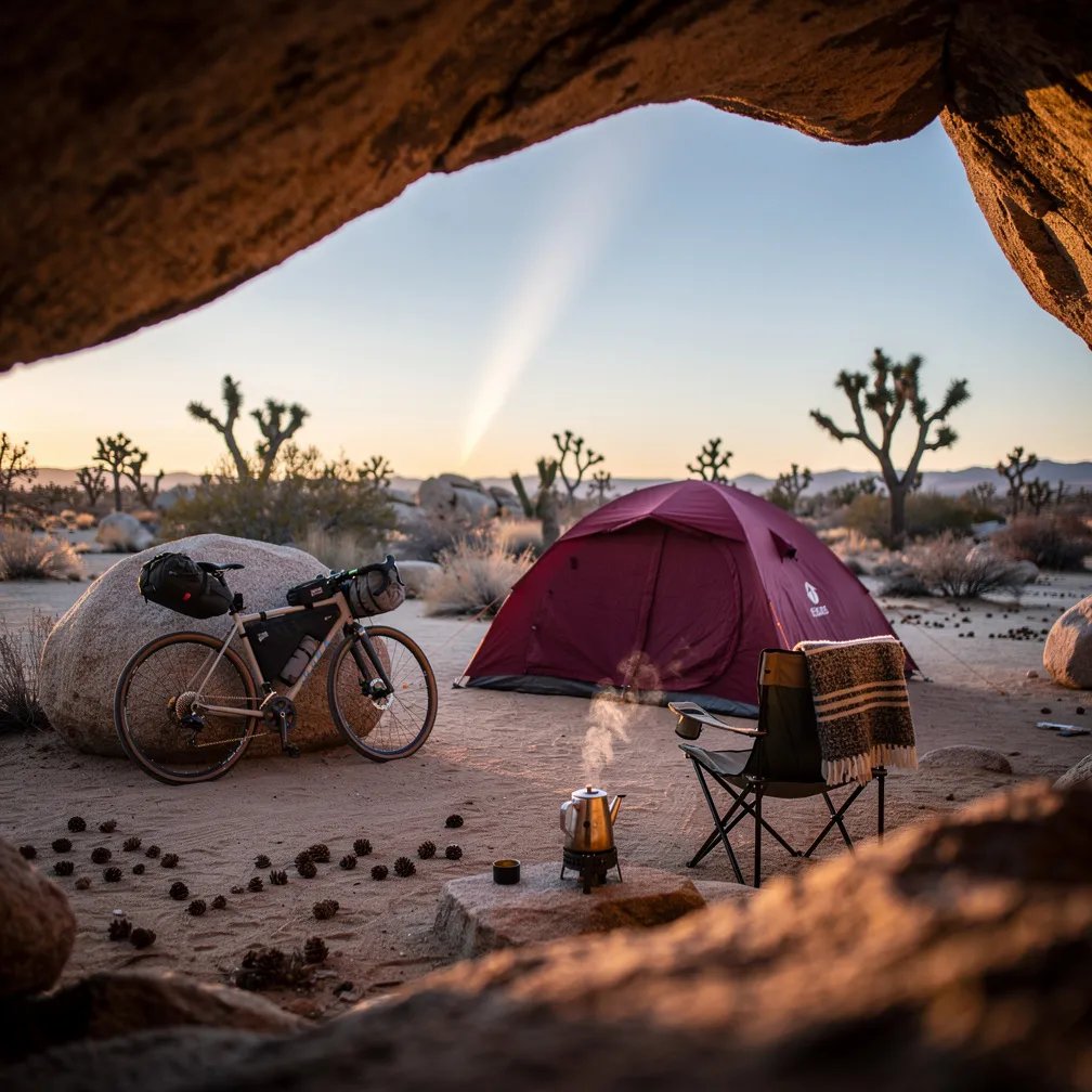 Tucked under a shallow rocky alcove, a maroon tent sits on sandy granite dotted with pine cones and desert scrub. A touring bike leans on a boulder, and a small chair with a wool blanket waits nearby. A little stove steams coffee as the warm late-day light fades into calm blue dusk.