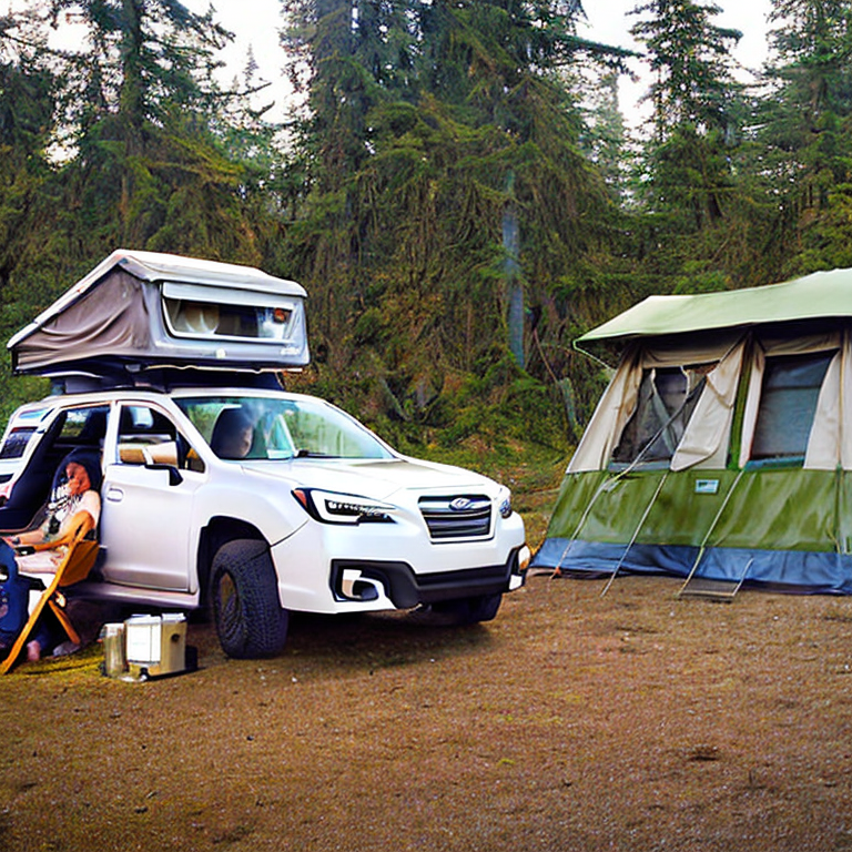 A cozy campsite rests among moss-covered trees in Washington State. A Subaru with its rooftop tent open sits beside a warm campfire and picnic table. Golden sunset light shines across the dirt clearing.