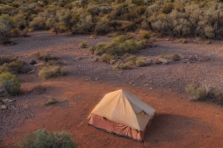 A brown tent rests on a rocky dirt campsite in the New Mexico desert. Large boulders and a wooden log sit near the campfire, while the sunrise fills the clear sky with warm light. A small parking spot completes this peaceful outdoor scene.