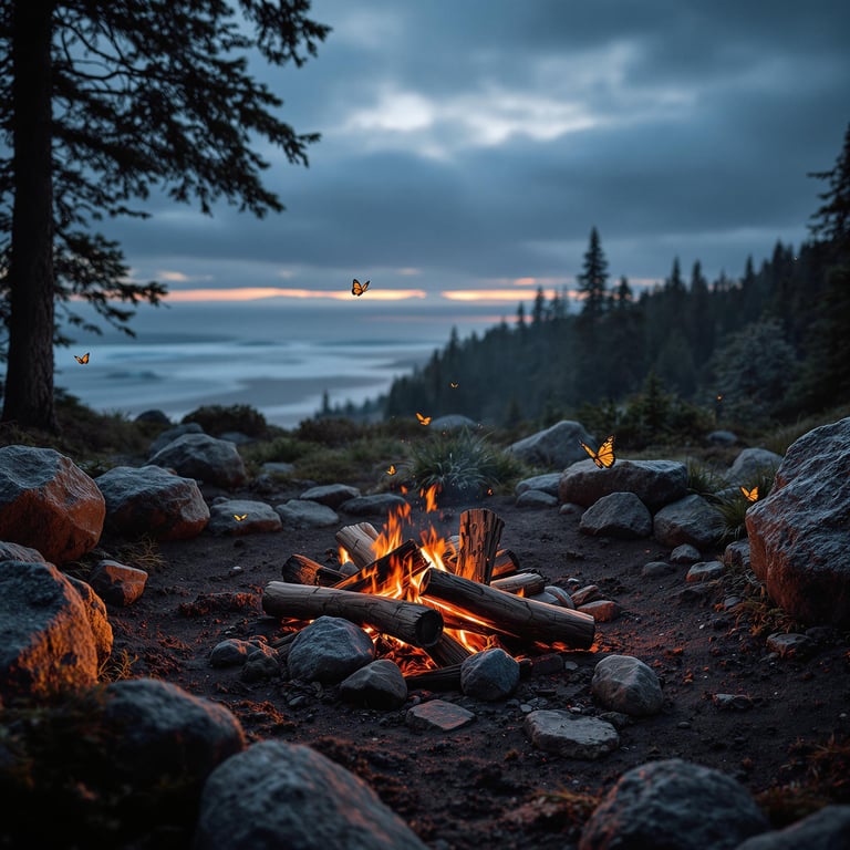 A cozy campfire crackles among big rocks, with glowing butterflies dancing in the evening air. Towering trees and misty mountains create a magical, peaceful scene. The sun sets in the distance, painting the sky with warm colors.