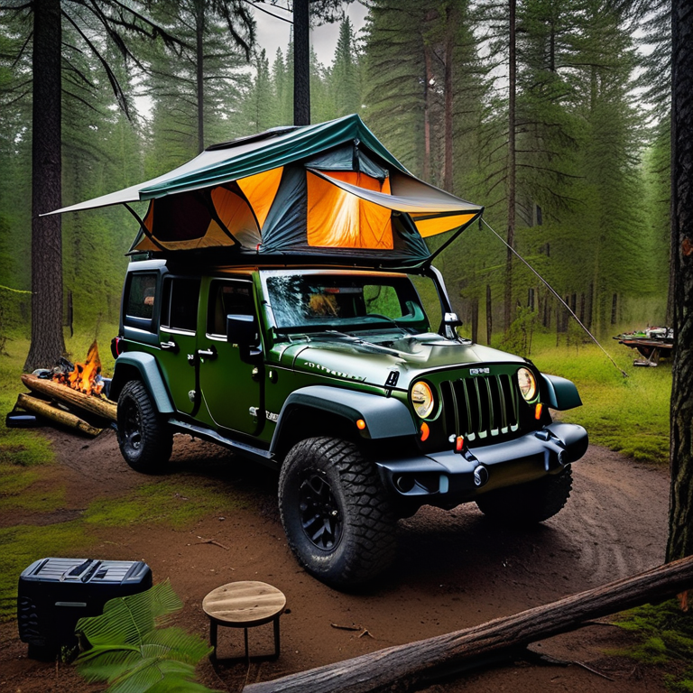 A green camo Jeep with an open rooftop tent rests in a forest campsite. Rainy dusk surrounds the dirt clearing, campfire, chairs, and a large wooden log. Thick bushes and rough ground make the spot feel wild and cozy.