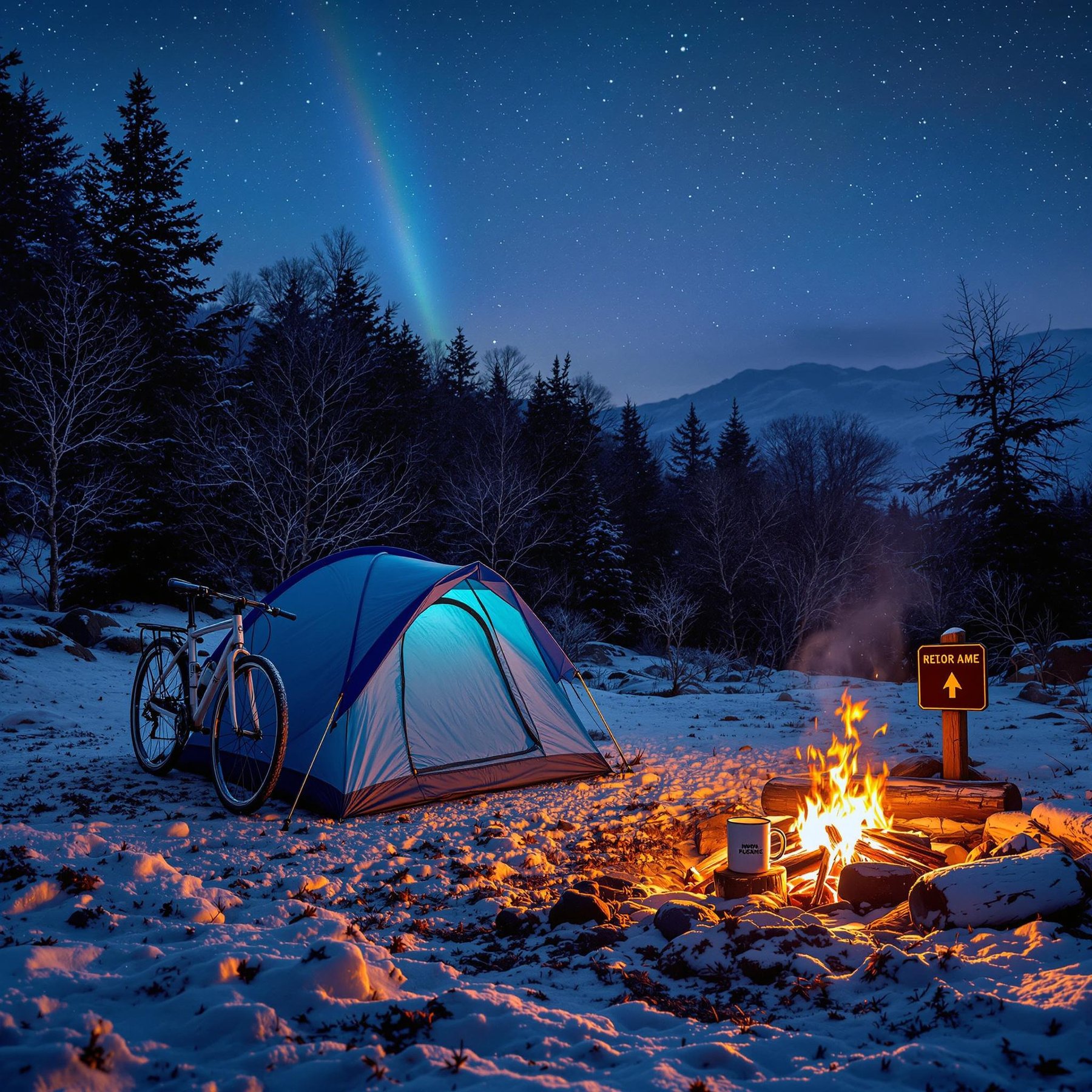 Under the starry night sky, a cozy tent glows beside a warm campfire in a snowy forest. A rainbow lights up the sky, and a bike is ready for adventure. This campsite feels magical and peaceful, surrounded by tall pine trees and mountains.