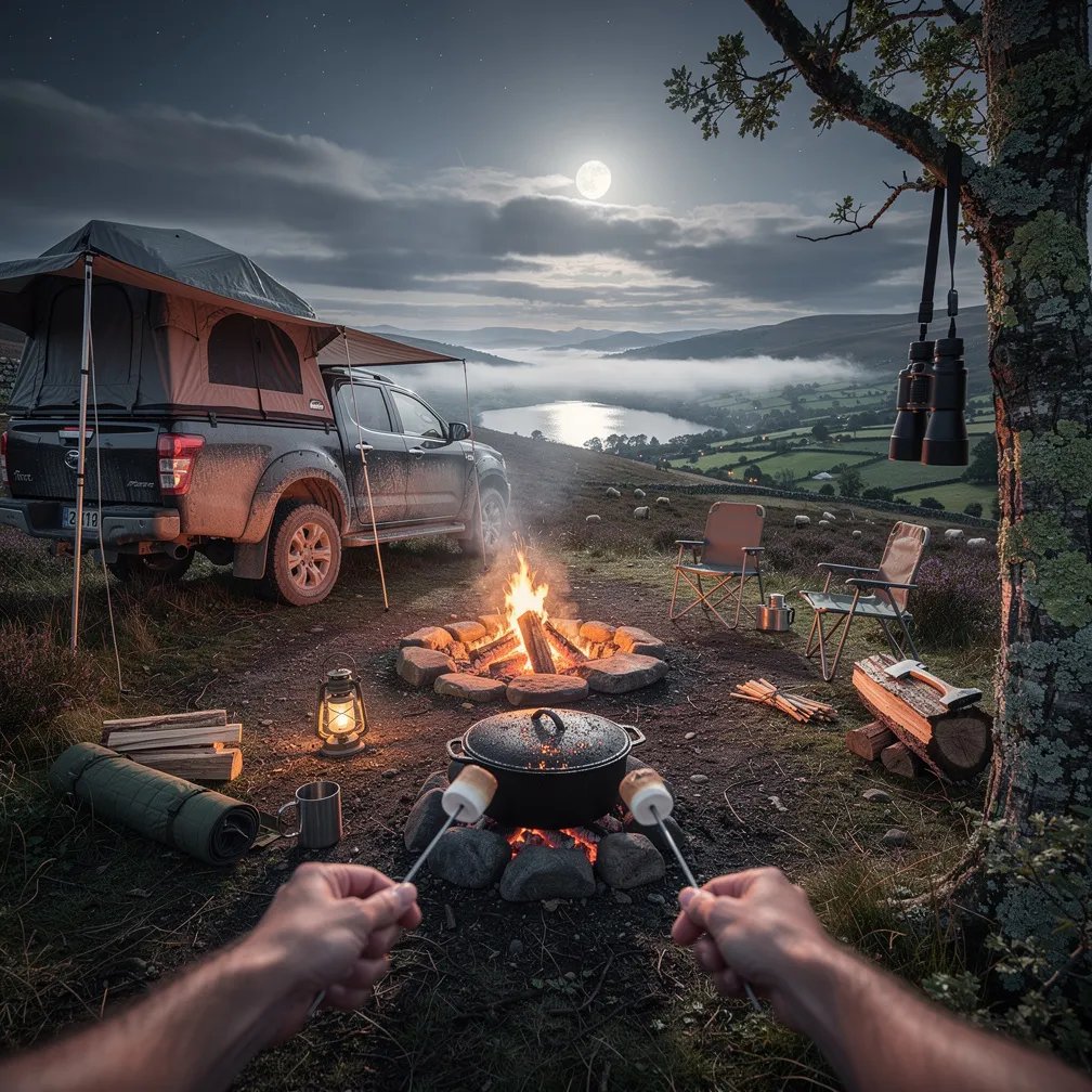 A quiet campsite sits on a rough clearing above a misty valley in the Lake District. Cool moonlight shines through broken clouds while a small campfire glows warm and bright. A pickup truck with a tent in the bed is parked nearby, and hands roast marshmallows over the flames. A dutch oven rests on the coals as fog drifts between the dark, distant hills.