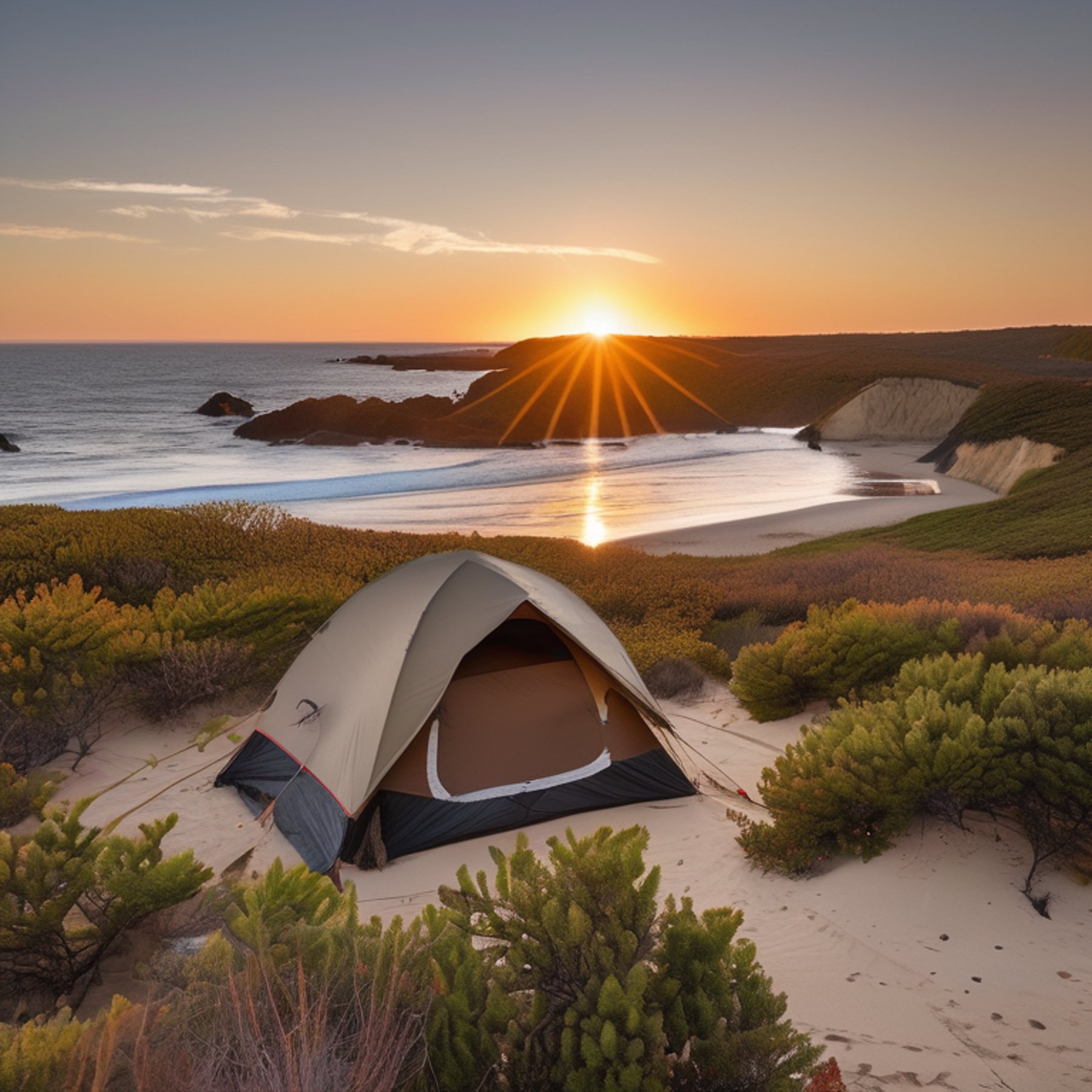 A brown tent rests on a sandy beach beside the calm ocean as the sun sets. A backpack, smooth stones, berry bushes, and a large log sit near the campfire under a clear sky.