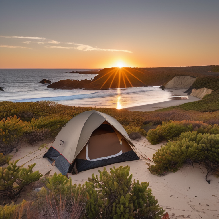 A brown tent rests on a sandy beach beside the calm ocean as the sun sets. A backpack, smooth stones, berry bushes, and a large log sit near the campfire under a clear sky.