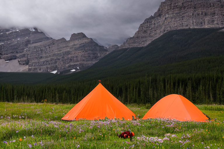 An orange tent rests on a paved campsite in Banff National Park as the cloudy sky glows at sunset. Wildflowers and berry bushes surround the dirt clearing, while a deer watches from far away. A wooden guitar lies nearby, adding a cozy touch.